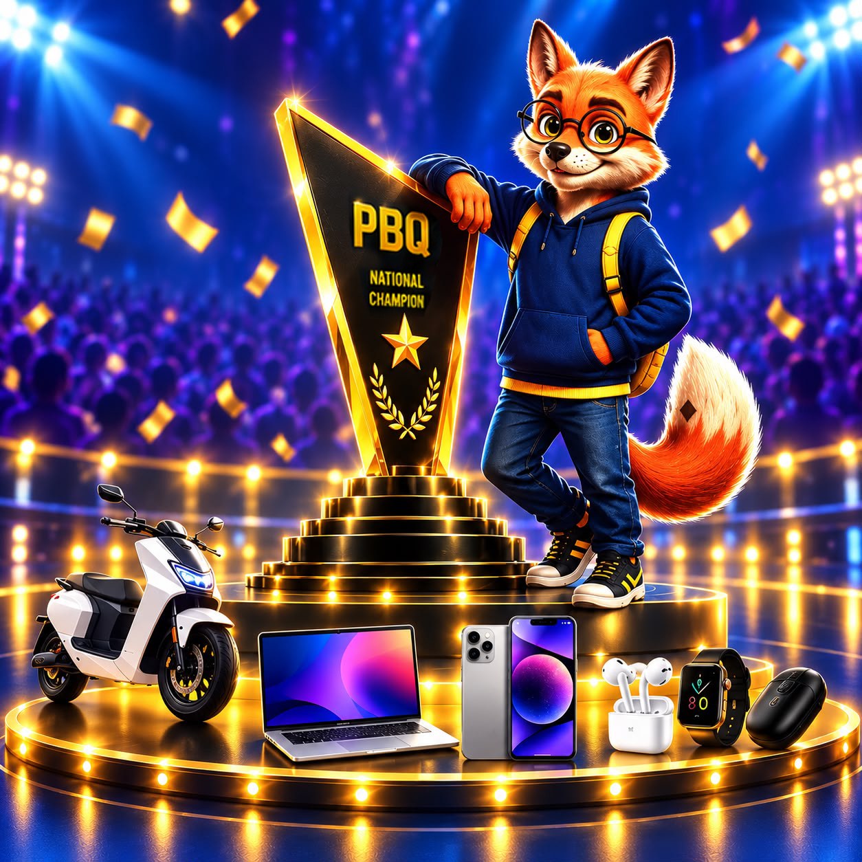 Pico the fox mascot celebrating on the Pencil Box Quiz national champion podium, surrounded by prizes including an EV scooter, laptop, phone, and smartwatch